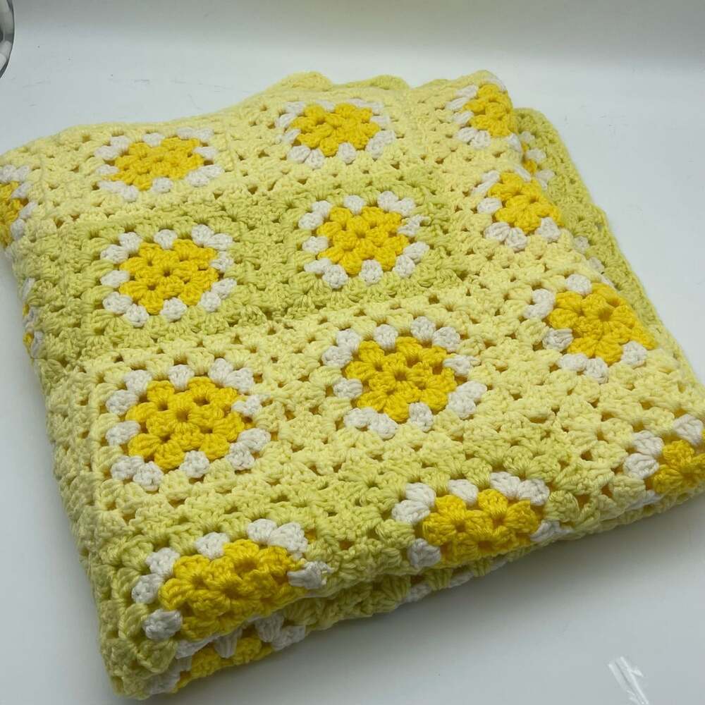 Handmade Crochet Granny Square Blanket 38x56 Yellow White Floral Afghan